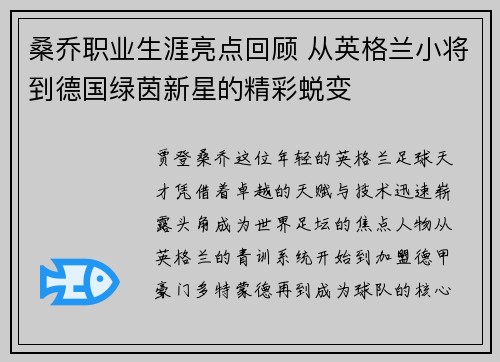 桑乔职业生涯亮点回顾 从英格兰小将到德国绿茵新星的精彩蜕变